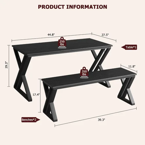 Vista 2 de GAOMON Juego de mesa de comedor de 55 pulgadas para 4-6, juego de mesa de cocina con 2 bancos, juego de mesa de comedor rectangular con marco