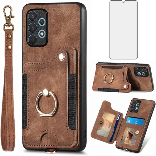 Vista 12 de Funda para teléfono Samsung Galaxy A32 5G 2021 de 6.5 pulgadas con protector de pantalla de vidrio templado, correa de muñeca, cordón