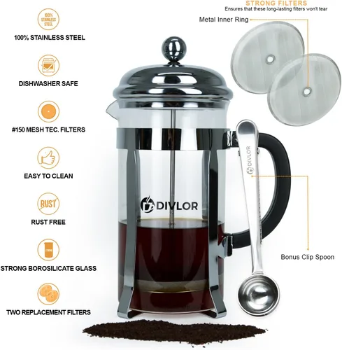 Vista 3 de Cafetera de prensa francesa, 34 onzas, 8 tazas, cuchara de clip y 2 filtros adicionales incluidos Divlor