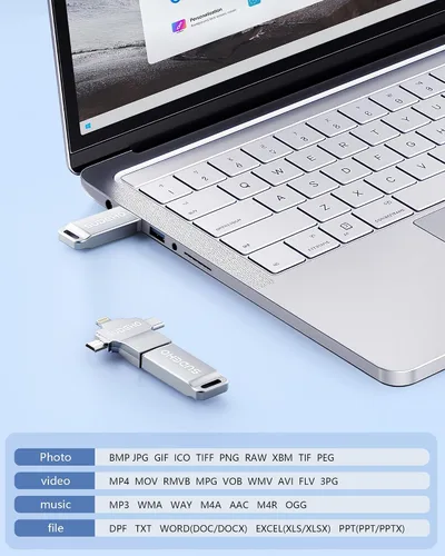 Vista 5 de Memoria USB USB con certificación MFi para iPhone, memoria externa 4 en 1 para ahorro de video y copia de seguridad (plata, 256 GB)
