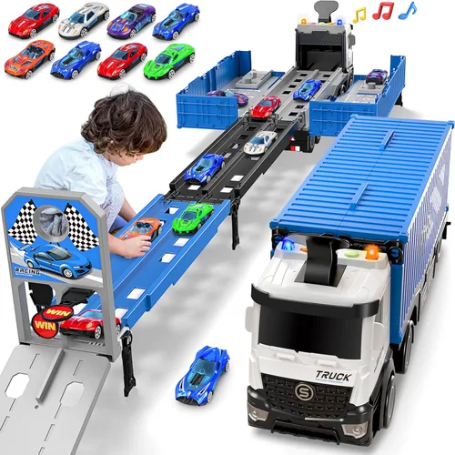 Vista 9 de Camión de carreras para niños, juguete plegable de 3 capas para niños, camión de juguete para transportar autos y 8 autos de carreras, juguetes
