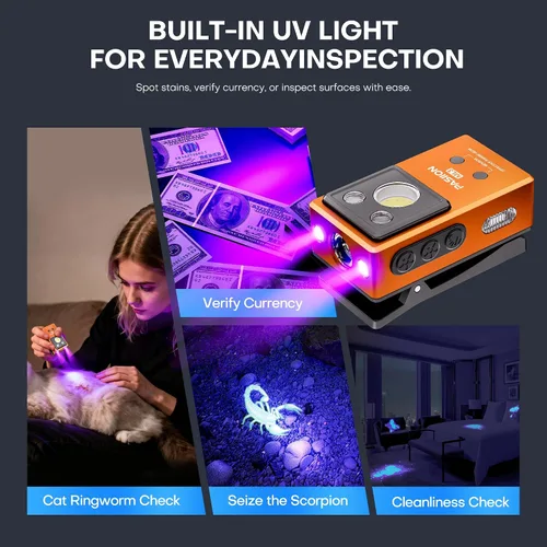 Vista 5 de Linterna UV EDC recargable con clip en luz RGB con 4 fuentes de luz, 14 modos de carga USB-C, luz magnética impermeable con sensor de gestos