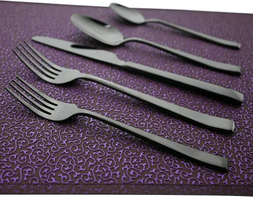 Vista 5 de Juego de cubiertos de mango grueso de 24 piezas, acero inoxidable 18/10 negro antiguo con cuchillo para carne, juego de cubiertos pulidos de espejo