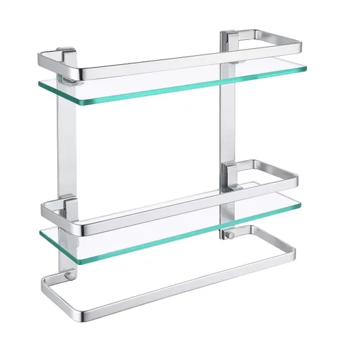 Vista 8 de KES Estante de vidrio templado para baño, estante de vidrio de almacenamiento de 2 niveles, rectangular con barra montado en la pared, acabado