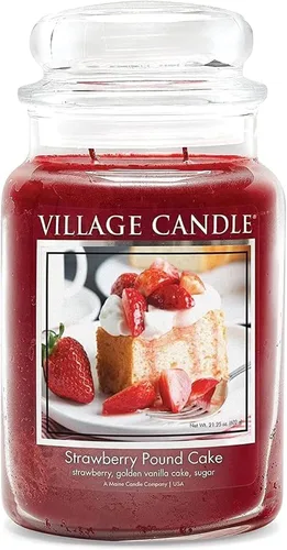 Vista 4 de Village Candle Strawberry Pound Cake, vela perfumada en tarro de boticario de vidrio grande, 21.25 onzas, rojo