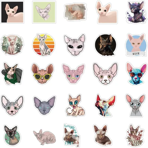 Vista 3 de 110 calcomanías de vinilo impermeables de dibujos animados de gato sin pelo de esfinge para adultos para botellas de agua, maletas para computadora
