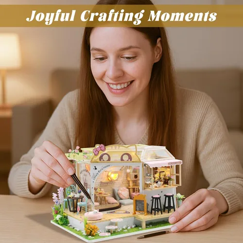 Vista 4 de Flever Kit de casa de muñecas en miniatura para bricolaje, habitación creativa con muebles para regalo romántico de San Valentín (Cat Cafe Garden)