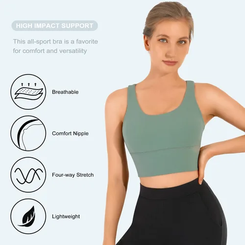 Vista 2 de UUE Sujetador deportivo para mujer, brasier deportivo de tirantes acolchados de línea larga, soporte medio, yoga, gimnasio, correr, entrenamiento