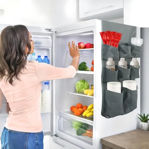 Vista 6 de Mini organizador de refrigerador de 60 x 12.6 pulgadas, organizador colgante para refrigerador, organizador de almacenamiento con 11 bolsillos