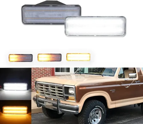 Vista 15 de Para 1980 1981 1982 1983 1984 1985 1986 Ford BRONCO F-150 F-250 F-350 Luces de marcador laterales de parachoques delantero lente ámbar LED