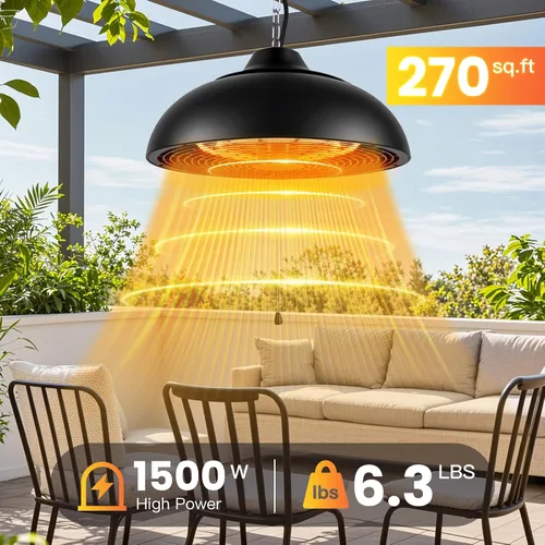 Vista 4 de Calentador eléctrico colgante de patio de 1500 W, calor instantáneo 3S, calentador de techo para exteriores con 3 modos, funcionamiento silencioso