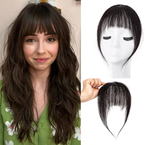 Vista 15 de Flequillo con clip, extensiones de cabello humano 100 % real, flequillo con clip para mujer, extensiones curvadas para uso diario