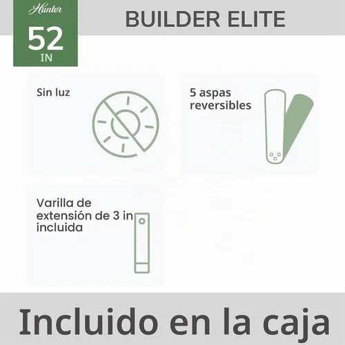 Vista 3 de Hunter Builder Elite, Ventilador de techo, para interiores, 52 pulgadas, níquel cepillado Sin luz, montaje estándar, cadena de tracción, 5