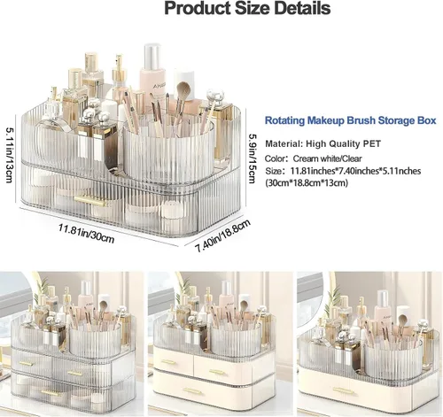 Vista 7 de DASITON Organizador de Maquillaje con Cajones y Soporte Giratorio para Brochas de Maquillaje, Organizador de Cosméticos Apilable de Gran Capacidad