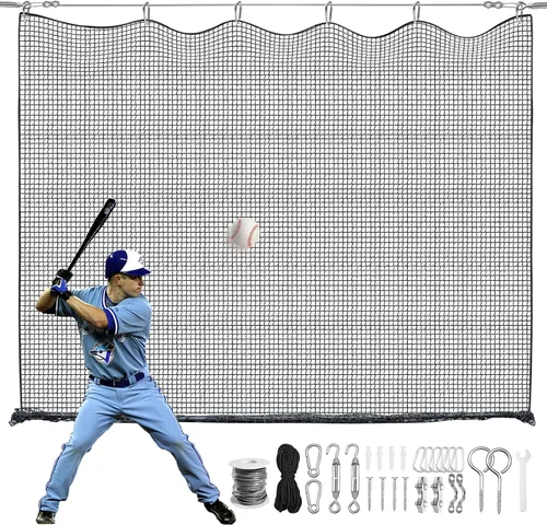 Vista 3 de Baseball Net Netting Batting Cage Net Backstop Net - Heavy Duty Nylon Sports Netting with 33FT Rope & Steel Hanging Kit, Multiple Sizes for Backyard