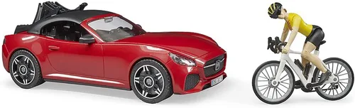 Vista 3 de Bruder Juguetes - Coche recreativo realista Roadster con soporte para bicicletas y bicicleta de carretera con figura de ciclista femenina, el techo