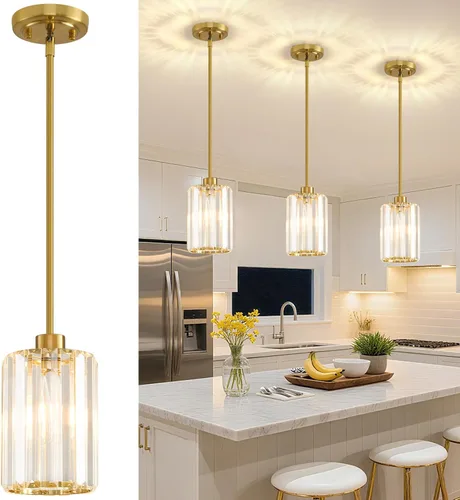 Vista 11 de Paquete de 2 luces colgantes para isla de cocina, modernas lámparas colgantes doradas, mini candelabro de cristal para isla de cocina, lámparas
