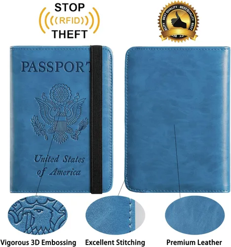 Vista 4 de Funda para pasaporte, cartera, artículos esenciales de viaje, con bloqueo RFID, funda de piel para tarjetas de viaje internacionales, accesorios