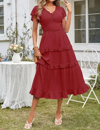 Vista 6 de MEROKEETY Vestido de verano casual para mujer 2023 con cuello en V, manga con volados, cintura alta, volantes y escalonado