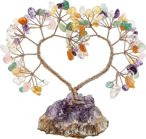Vista 9 de SUNYIK Árbol de cristal curativo hecho a mano con base de amatista natural, árbol de dinero Fengshui de corazón de amor para decoración de oficina