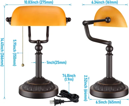 Vista 7 de TORCHSTAR Lámpara de escritorio de cristal ámbar con cadena de tracción, base E26 Base con peso retro, lámpara tradicional antigua de biblioteca