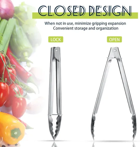 Vista 3 de Chengu Juego de 18 pinzas de cocina de acero inoxidable con anillos deslizantes de 7 pulgadas, pinzas de cocina antideslizantes para ensalada