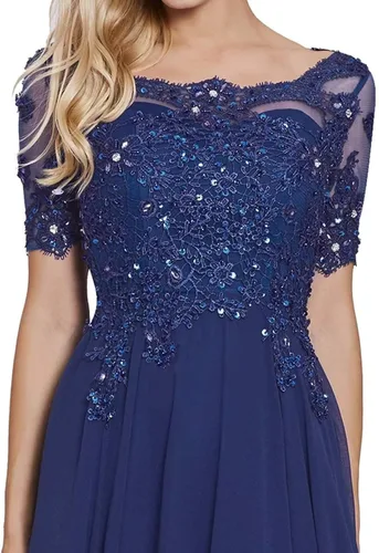Vista 3 de Vestido formal de gasa de manga corta con apliques de encaje para mujer