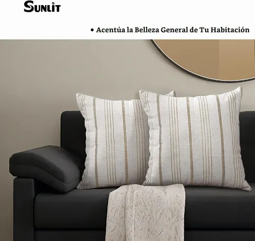 Vista 5 de Sunlit Juego de 2 fundas de almohada decorativas de granja, color crema/blanco roto con rayas marrones claras, fundas de almohada cuadradas