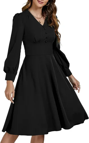 Vista 3 de Umenlele Vestido vintage de los años 50 para mujer, cuello en V, manga larga abombada, retro, cóctel, fiesta, acampanado, vestido midi