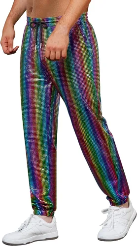 Vista 4 de WULFUL Pantalones deportivos metálicos para hombre, disfraz de discoteca de los años 70, con lentejuelas