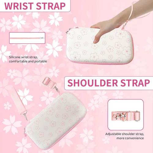 Vista 4 de FUNDIARY Funda de transporte Sakura rosa para Nintendo Switch Lite, lindo kit de accesorios de viaje para niña con bolsa de almacenamiento delgada