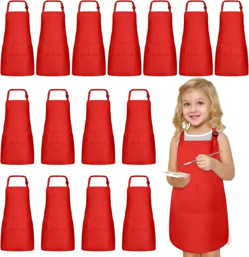 Vista 8 de 15 delantales para niños con bolsillos, delantales ajustables para pintura de chef, a granel para niñas y niños de 6 a 13 años, cocinar, hornear
