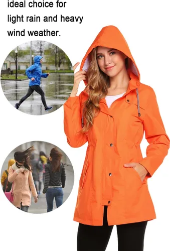 Vista 3 de ZHENWEI Chaqueta impermeable, ligera, con capucha, uso activo, para exteriores, forrada para lluvia, larga, S-XXL, para mujer