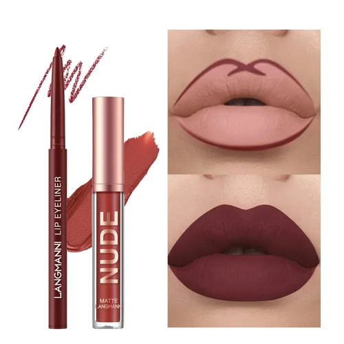 Vista 8 de LANGMANNI Aceite de labios (fresa+coco)+6 lápices labiales mate con 6 delineadores de labios Set de maquillaje duradero