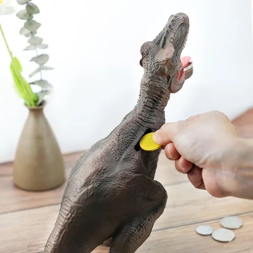 Vista 5 de Alcancía T-Rex de dinosaurio marrón resina, regalo de cumpleaños para niños.