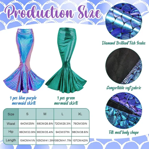 Vista 2 de Panitay 2 Sets Halloween Mermaid Costume for Women Shiny Mermaid Skirt Sequin Tube Top Face Gems Pearl Waist and Head Chain