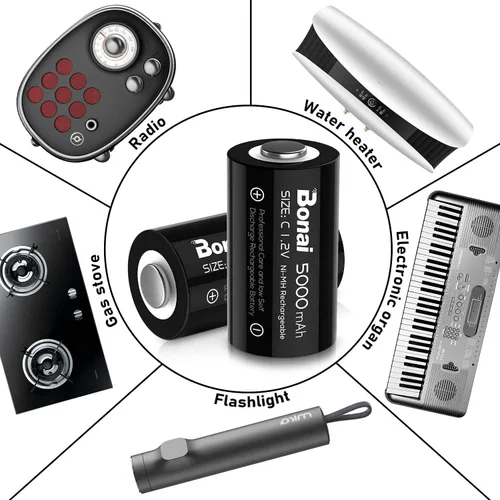 Vista 8 de BONAI Baterías C recargables, células C 5000mAh 1.2V Ni-MH de alta capacidad de tamaño C (paquete de 4)