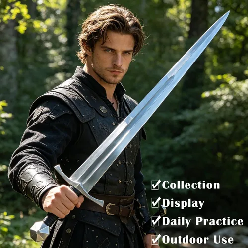 Vista 3 de Medieval Full Tang Spring Steel Knight Arming Sword with Scabbard for Outdoor Use, Practice, Collection