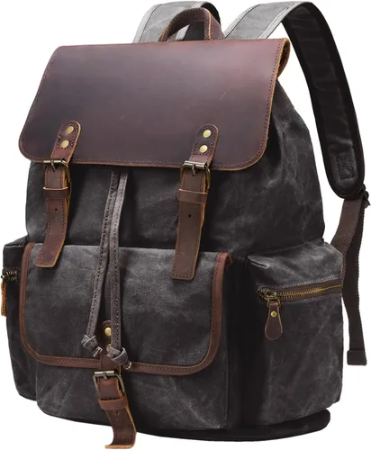 Vista 8 de Mochila de lona encerada vintage casual de cuero genuino para computadora portátil, mochila de hombro para viajes/senderismo/escuela, Verde militar