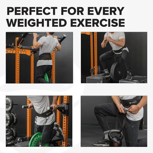 Vista 5 de Advanced Dip Belt V2 – Cinturón con peso resistente con respaldo reforzado, cadena y correa de nylon – Anillos en D de anclaje de 3 puntos