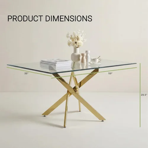Vista 2 de Knocbel Mesa de comedor rectangular de 59 pulgadas para 4 a 6, mesa de cocina contemporánea con parte superior de vidrio templado y patas cruzadas
