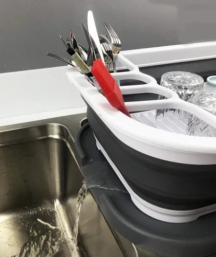 Vista 7 de SAMMART Escurridor de platos plegable de 3.17 galones con bandeja, juego de escurridor plegable, organizador de vajilla portátil, bandeja