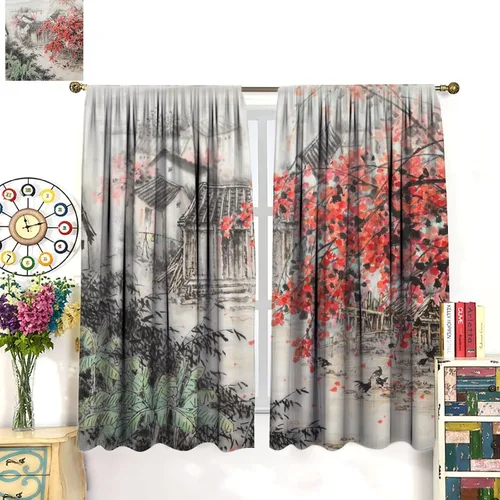 Vista 8 de Cortina asiática, flor de cerezo japonés, montañas brumosas de ciruelo rojo asiático, pintura de tinta tradicional, paisaje chino oriental