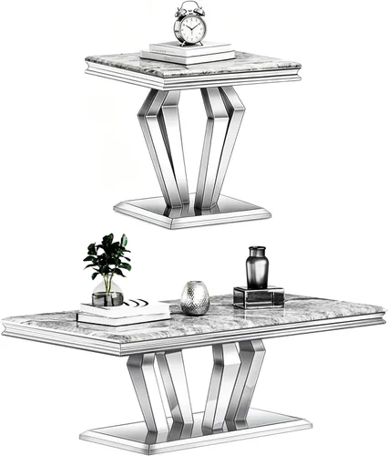 Vista 10 de ACEDÉCOR El juego de mesa auxiliar de 3 piezas incluye una moderna mesa auxiliar plateada con cuatro bases geométricas de espejo y dos mesas