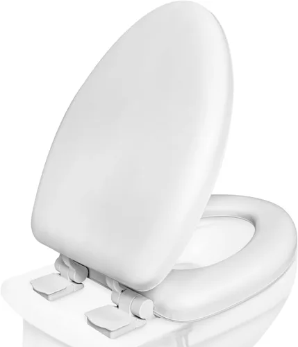 Vista 2 de Plexon Asiento de inodoro acolchado suave, blanco alargado, tapa y asiento de cierre lento, bisagra de liberación rápida, fácil de limpiar y cambiar