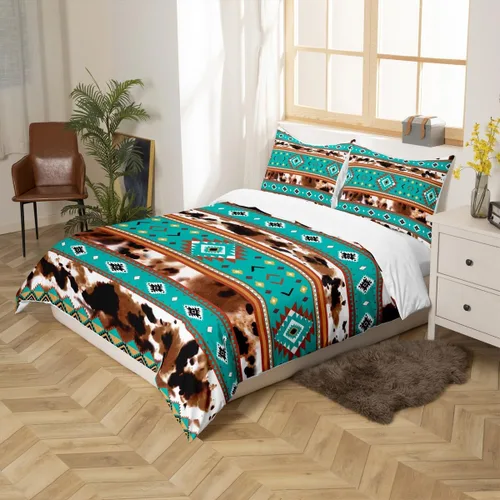 Vista 5 de Juego de ropa de cama de piel de vaca, funda de edredón con estampado de vaca de las tierras altas, tamaño individual, funda de edredón tribal Multi