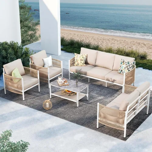 Vista 19 de Sofá de dos plazas de aluminio para patio exterior, sofá de patio de cuerda HDPE con cojín grueso lavable, muebles de patio para todo tipo de clima