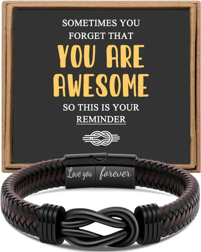Vista 8 de Regalo para Hombres Pulsera Infinita para Hombres Papá Marido Novio Hijo Nieto Hermano Sobrino Tío Cuero Trenzado Marrón Siempre Unidos Acero
