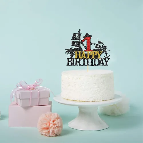 Vista 5 de Decoración para pastel de cumpleaños de 1er cumpleaños, barco pirata náutico de vela para primer cumpleaños, decoración de fiesta de cumpleaños