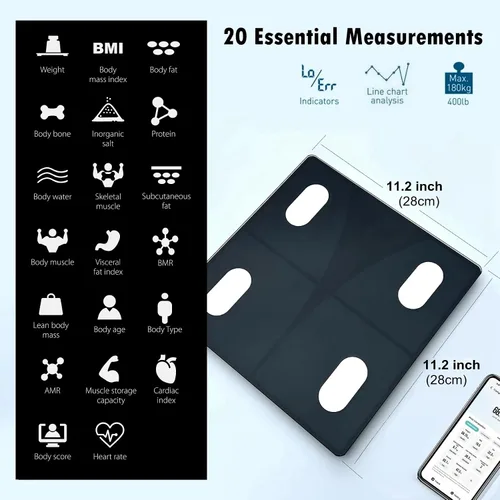 Vista 2 de Báscula para peso corporal y grasa digital para baño, aplicación de sincronización inteligente Scan Body Composition, Bluetooth Sync, Backlit